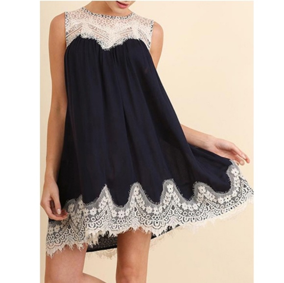 *S left* Blue Lace Accent Swing Tunic Dress - Picture 3 of 8